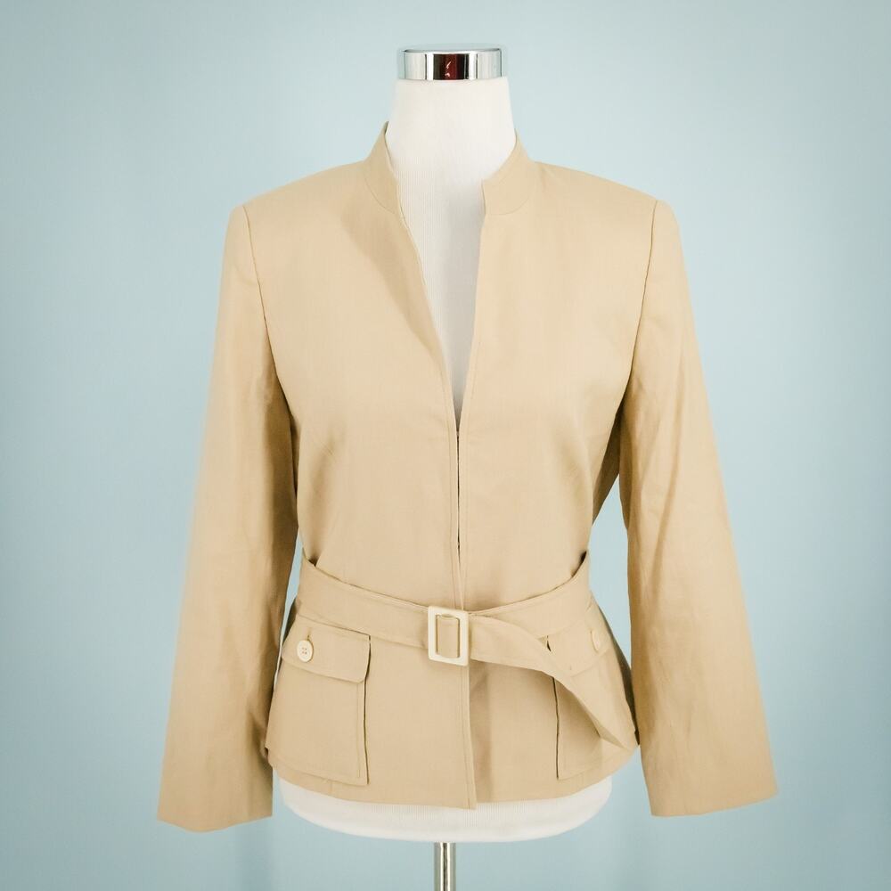 Talbots Size 6 Tan Belted Hook Eye Stand Collar Lined Linen Blazer Jacket NEW